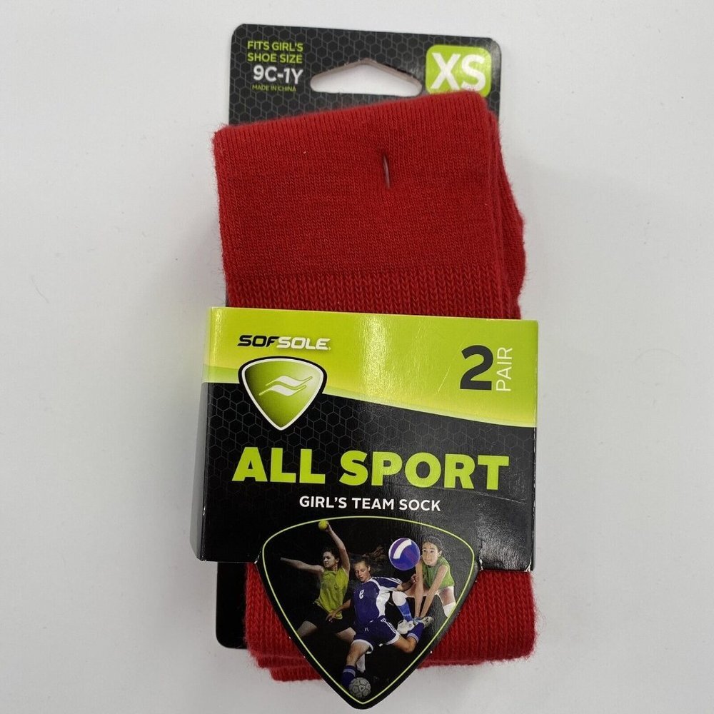 Sof Sole All Sport Girl's Team Performance Socks Crew Red Size XS (9C-1Y) 2 Pack